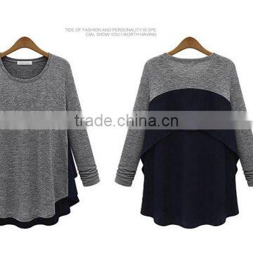 euramerican fashion casual style cotton two color montage long sleeve fat or thin women t shirt