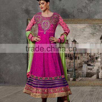 Purple color on rich embroidery heavy design at neck and border long Anarkali Designer Semi Stitch Salwar Kameez