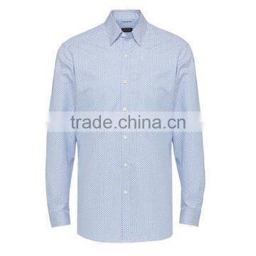 High-quality factory direct cotton men's blue geometric jacquard printed long-sleeved shirt