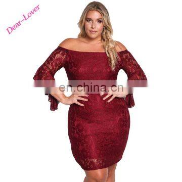 Burgundy Patchwork Off Shoulder Half Sleeve Lace Plus Size Mini Dresses