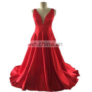 2018 High Quality Red Sleeveless Floor Length V Neck Backless Ruffle Satin Zipper Women Prom Dress