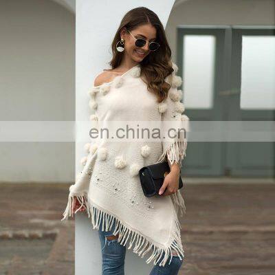 Women O-Neck Solid Fur Ball Tassel Cloak Loose Shawl Sweater