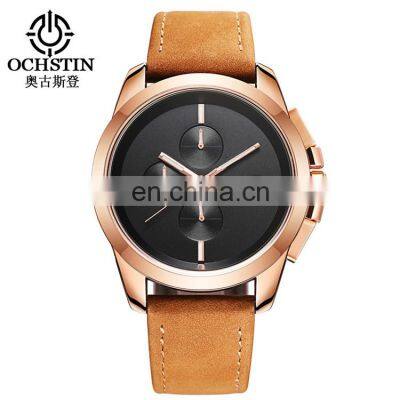 OCHSTIN AGQ059A Leather Watch Cuff Simple Display Analog Quartz Luxury Steel Case Day Watch For Men