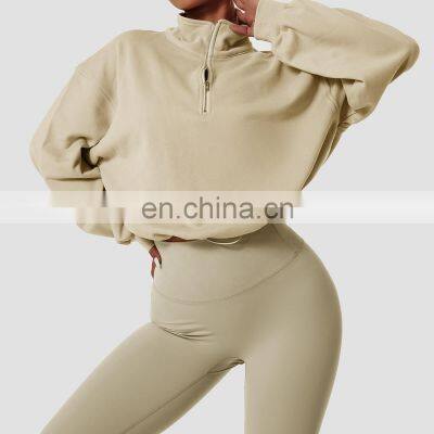 Hot Sale High Collar Quarter Zipper Warm Pullovers Long Sleeve Women Drawstring Hem Sweatshirts