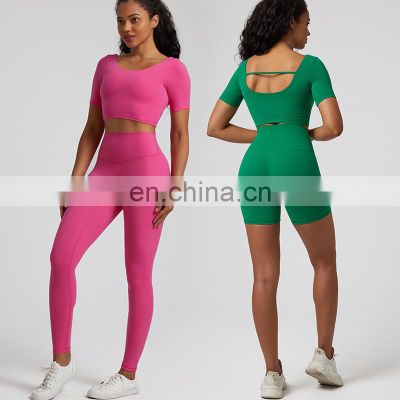 Wholesale Built In Bra Shorts Sleeve Crop Top V Back High Waist Shorts Leggings 2/3 Pcs Sports Women Gym Yoga Suit Set Outfit