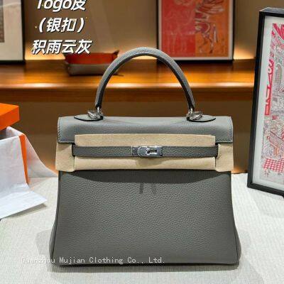 Top-Grain Cowhide Keli Bag with Inner Stitching of Calfskin, Hand-Held Bag, Shoulder Lock Mouth Bag, Genuine Leather Women′s Bag