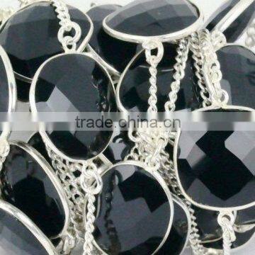 AAA Beautiful Natural Black Onyx Free Shape Bezel Continuous Connector Chain 10-15mm In 925 Silver Plated Wire by Foot