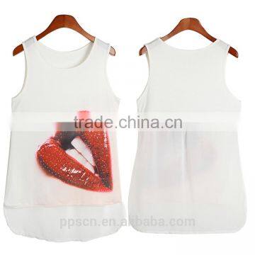 Top quality new fashion style latest design sleeveless knit + chiffon white women tank top