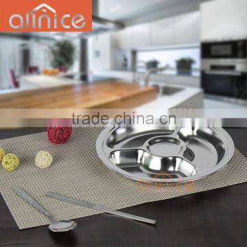 4 departments round shape stianless steel lunch plate for resturant