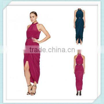 Lady's silk crepe de chin long drape evening dress