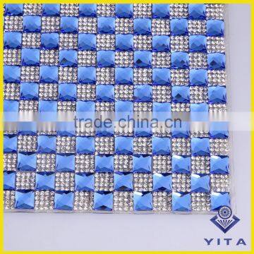 New fashion blue hot fix 8*8 glass crystal rhinestone sheet for bags