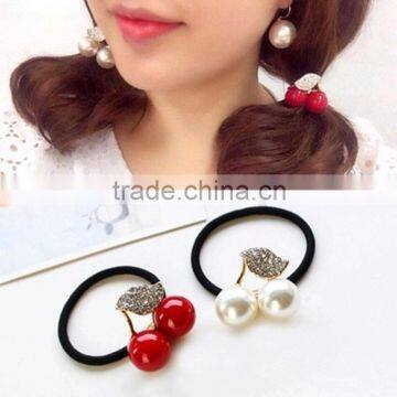 Elegant Red White Simulated Pearl Rhineston Leaf Cherry Rubber Band Elastic Hair Bands Girls Hair Accessories for Women Headwear photo-2