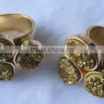 2015 Hot Druzy Jewelry 925 Sterling Silver Multigem 3 Stone Ring Gold Plated Druzy Quartz and Gold Plated Silver Ring photo-4
