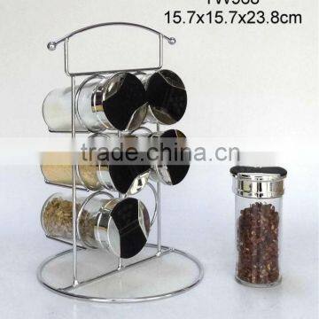 TW968 6pcs glass spice jar with plastic lid and metal rack