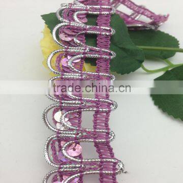 silver and purple lace semicircle loop metallic sequin braid trim