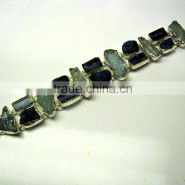 Rough Aquamarine Kyanite & Apatite Natural Gemstones 925 Sterling Silver Raw Bracelet