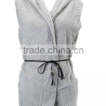Casual Fleece Sleeveless Hooded Sweater Vest With Belt photo-4