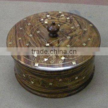 Wooden Hand Carved Flat Candy Box with Brass Work