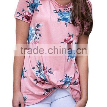 Custom Plus Size USA Women's Floral Print Boutique Summer Casual Short Sleeves Front Side Knot T-Shirts Tops photo-2