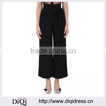 Customized Lady's Apparel Self-belt Black Satin-back Belted Crepe pants(DQM027P)