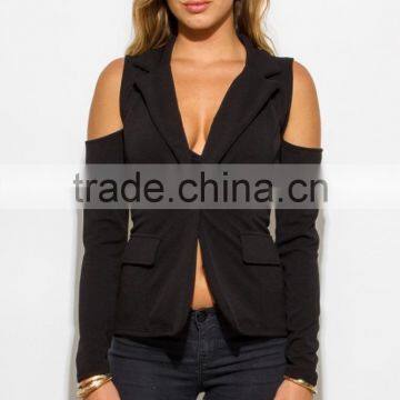 custom black long sleeve cold shoulder cut out sexy blazer