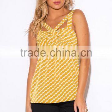 trendy woman yellow chevron print cut out party bulk tank top