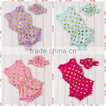 Popular Gold Dot Printed Kids Jumpsuit Harem Pompom Headbands Baby Sleeveless Romper photo-3