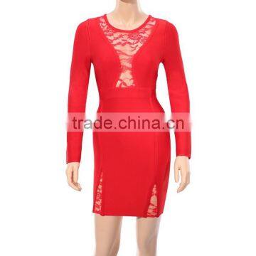 Red Lace Long Sleeve Sexy HL Rayon Bodycon Bandage Dress Sexy Fashion Girl Evening Party Dress photo-2
