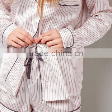 Women Oversized Plain Stripe Satin Shorts Pyjama Set Black Piping Pajamas Set Long Sleeve Top With Shorts photo-6