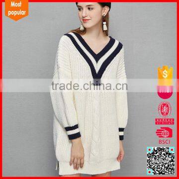 2017 Hot selling women v neck knitted white 100% cotton pullover