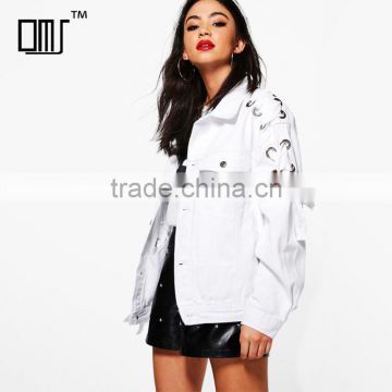 Lace up eyelet white denim jacket new fashion wholesale women street wear