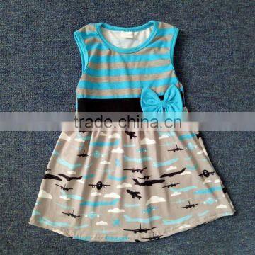 girl summer fall dress blue and grey stripe airplane printing clothes children no sleeve skirt