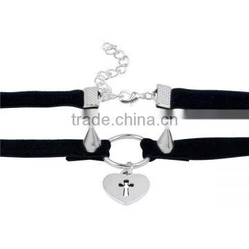Velveteen Halloween Choker Necklace Antique Silver Black Heart Cross 34cm Long photo-3
