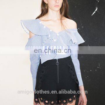 2017 Summer New Style Navy Stripe Jumpsuit Long Sleeve One Shoulder Lotus Neck Cotton Top and Mini Lace Pant Sets photo-5