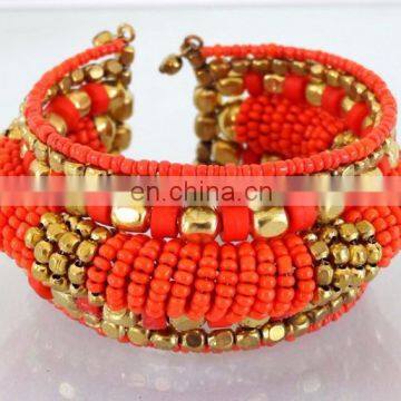 Orange Pearl beaded wholesale Fashion cuff Bracelets-Indian imitation costume cuff bracelet-party wear cuff bracelet