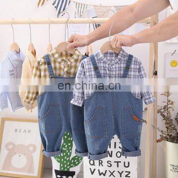 2020 boys' shirt, plaid denim suspenders, trousers, children's autumn new style Korean casual two-piece suit