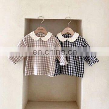 Children Plaid Shirts Cotton Linen Long Sleeve Blouses White Collar Baby Boys and Girls Tops Autumn Kids Clothes