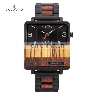 BOBO BIRD Latest Design Square Dial Luxury OEM Custom LOGO Wood Watch Quality Men Stainless Steel Wrist Watch photo-2