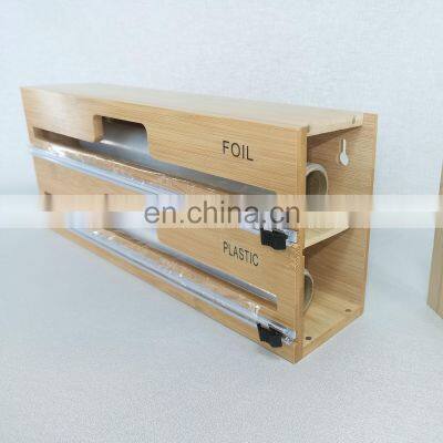 Bamboo Stretch Wrap Dispenser Foil Dispenser Organizer Kitchen Drawer Adhesive Packaging Dispenser With Cutter