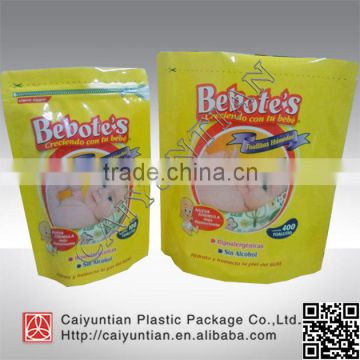 Flexible plastic baby wet wipe stand up zipper bag