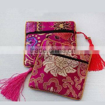 Zipper Embroidery Red Satin Pouch