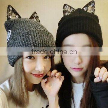 Hot Selling Super Star Rihanna Same Style Lace Cat Ear with Jewelry Embroidery Ladies Hat
