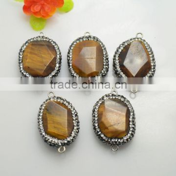 LFD-0074B Wholesale Nature Tiger's-eye Beads,with Crystal Rhinestone Paved Druzy Tiger's-eye Gem stone Connector Beads