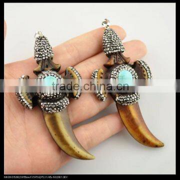 LFD-0093P ~ Wholesale OX / Bull Bone Carved Charm Pendants Necklace Crystal Rhinestone With Turquoise Paved Fashion Jewelry