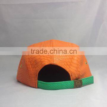 Custom Gold Metal Plate 5 Panel Hat Orange Crocodile Leather Watermelon Snapback Hats photo-2
