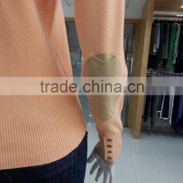 Women v Neck Long Sleeve With Fake Leather Patch on Elbow 2016 Fall/winter Pullover Sweater photo-3