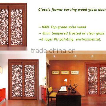 Rustic Interior Room Flower Carving Wood Frame Sliding Glass Door photo-2
