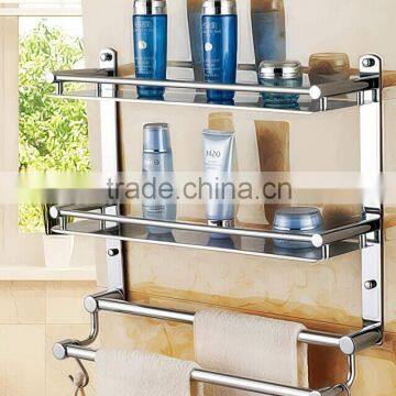 High grade quality Stainless steel bathroom shelf double layers rectangular shelf with double towel bars with hooks space saver