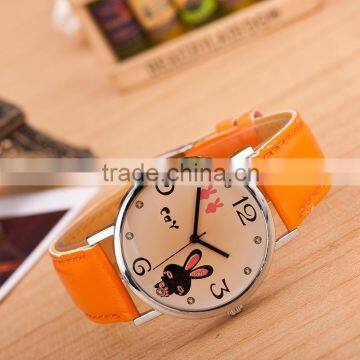 Wholesale China Ebay Best Selling Cute Rabbit Stainless Steel Fashion Vogue Orange leather Wrist Watch in Stock!