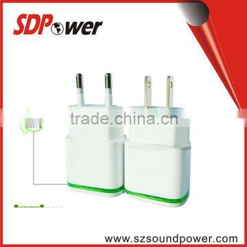 Dual USB wall mount travell charger 5V 2A with LED light